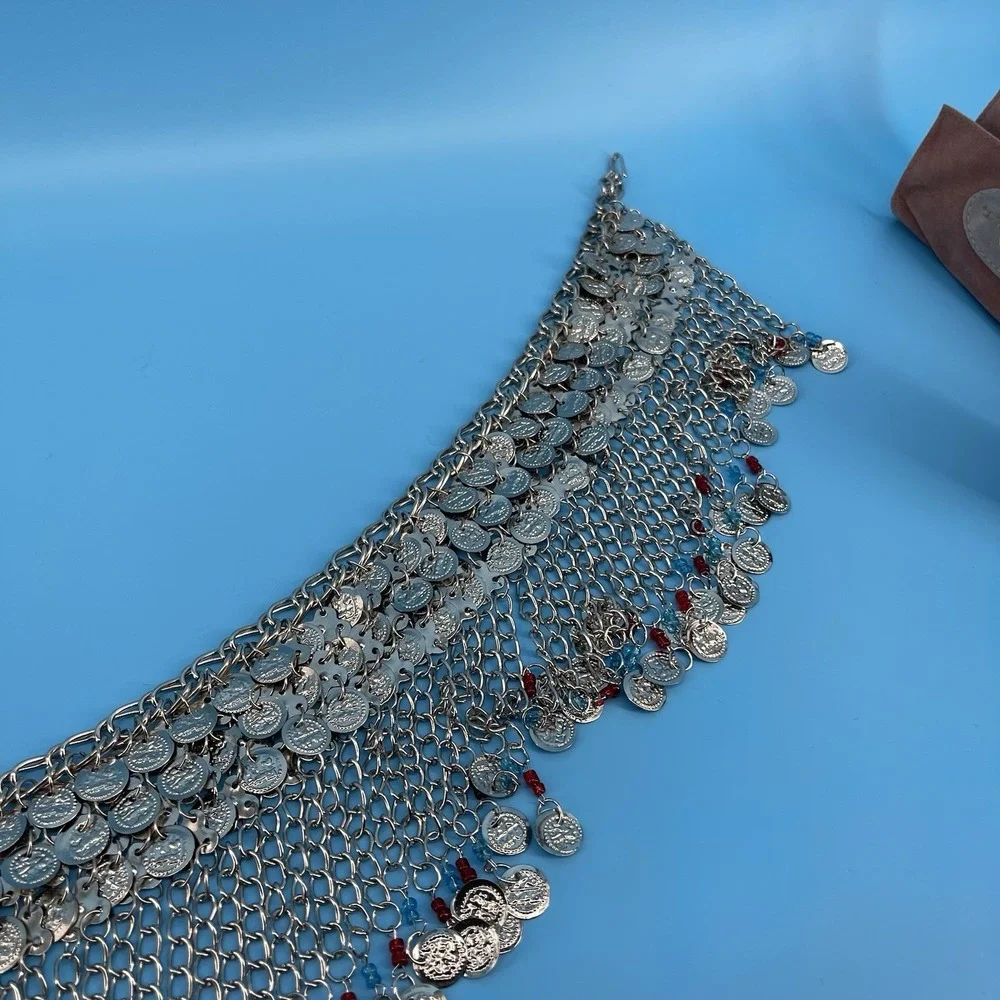 Vintage Belly Dance Hip Scarf Silver Tone Chain Mesh Red Blue Beaded Fringe